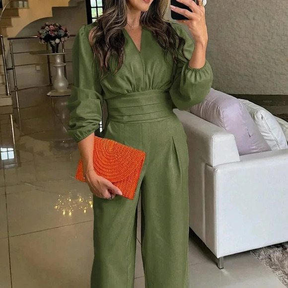 Army Green Elegant Women's Casual Solid Color Lantern Sleeve Jumpsuit - Picture 2 of 9